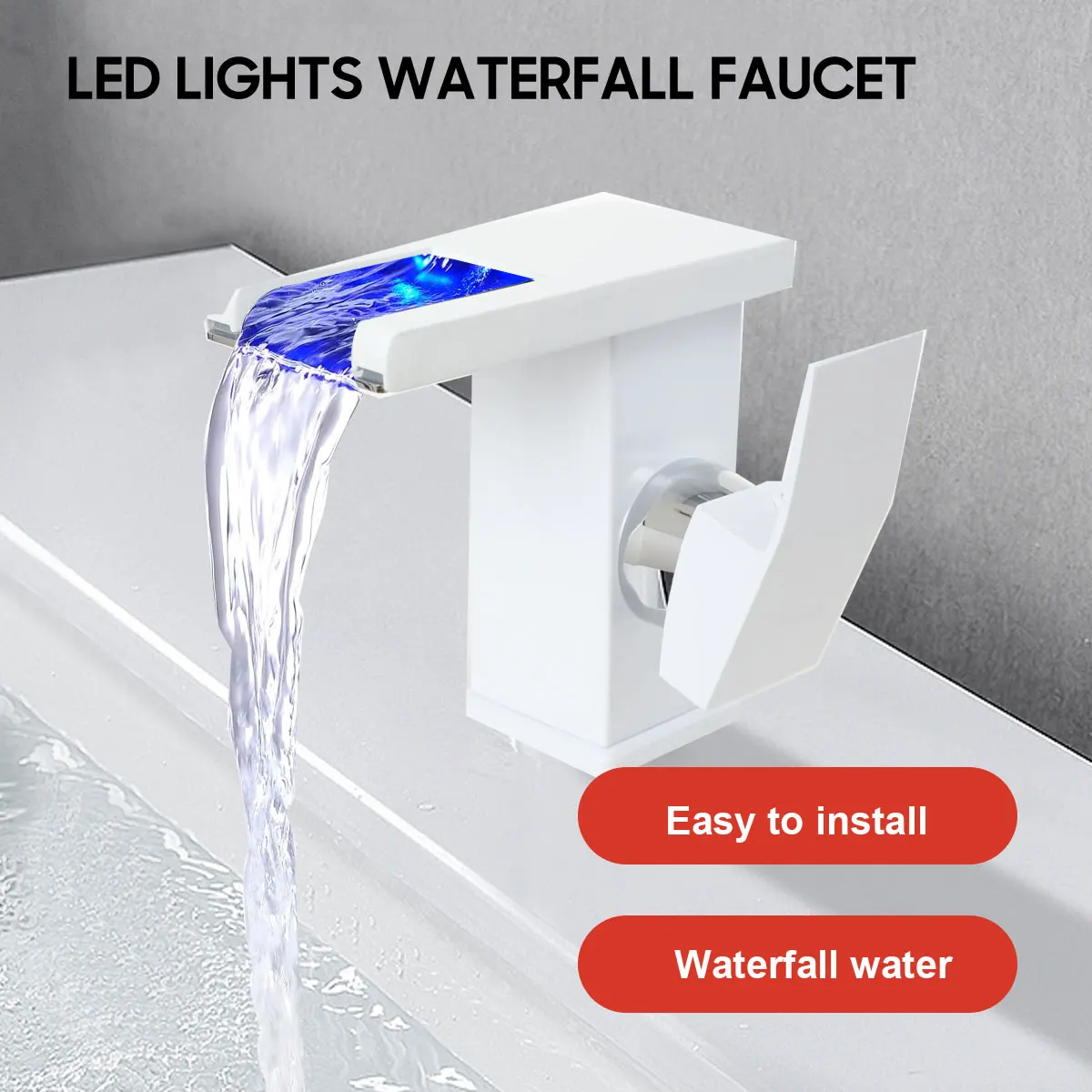 LED Matte Bathroom Sink Waterfall Faucet Three Colors Change with Temperature Hot and Cold Water Mixer Taps Water Inlet Pipe