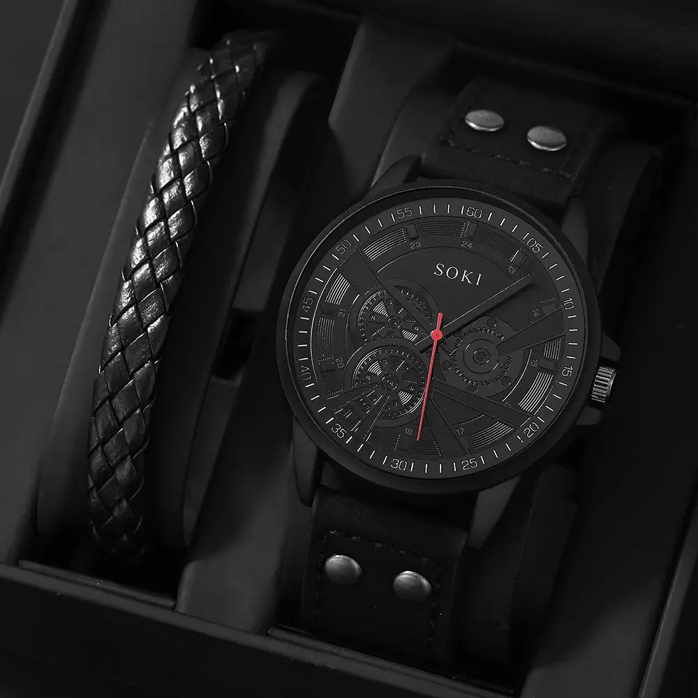 reloj hombre Conjunto de reloj de pulsera con personalidad para hombre, relojes  de cuarzo negro para