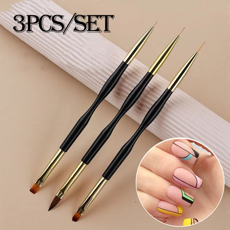 3pcs French Stripe Nail Art Liner Brush Set Tips Ultrathin Line Drawing Pen Dual End Uv Gel