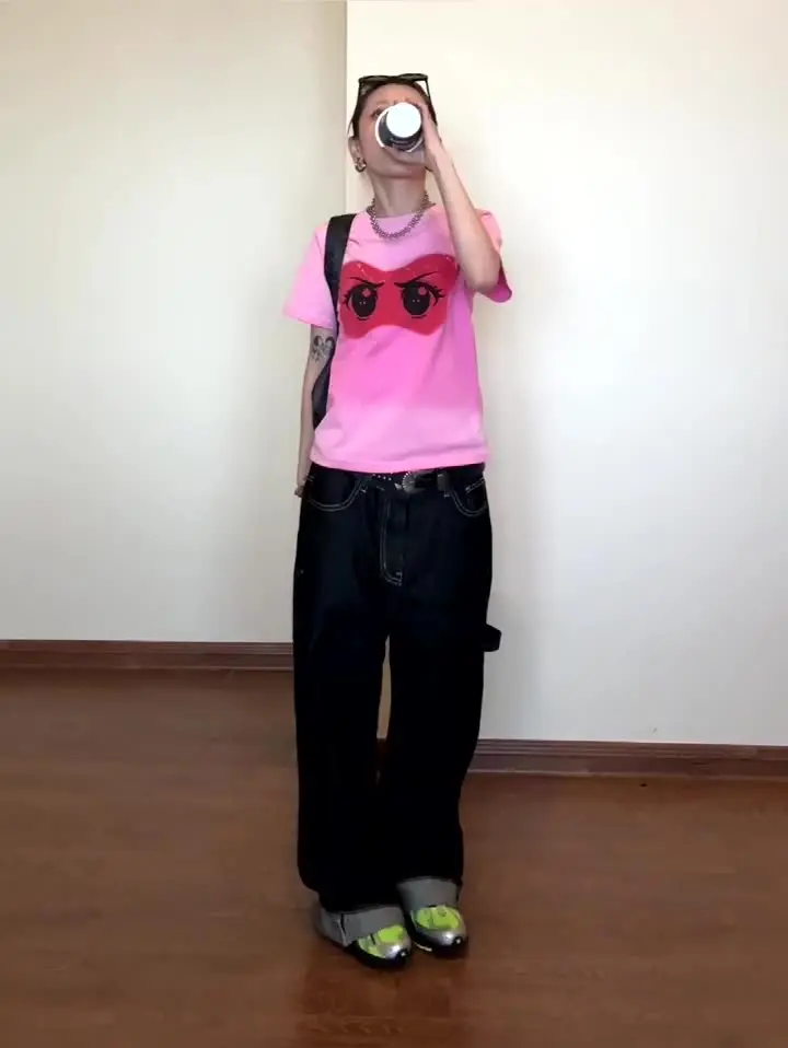 HOUZHOU ヴィンテージ刺繍黒ジーンズ女性特大ストリートグランジ Y2k
