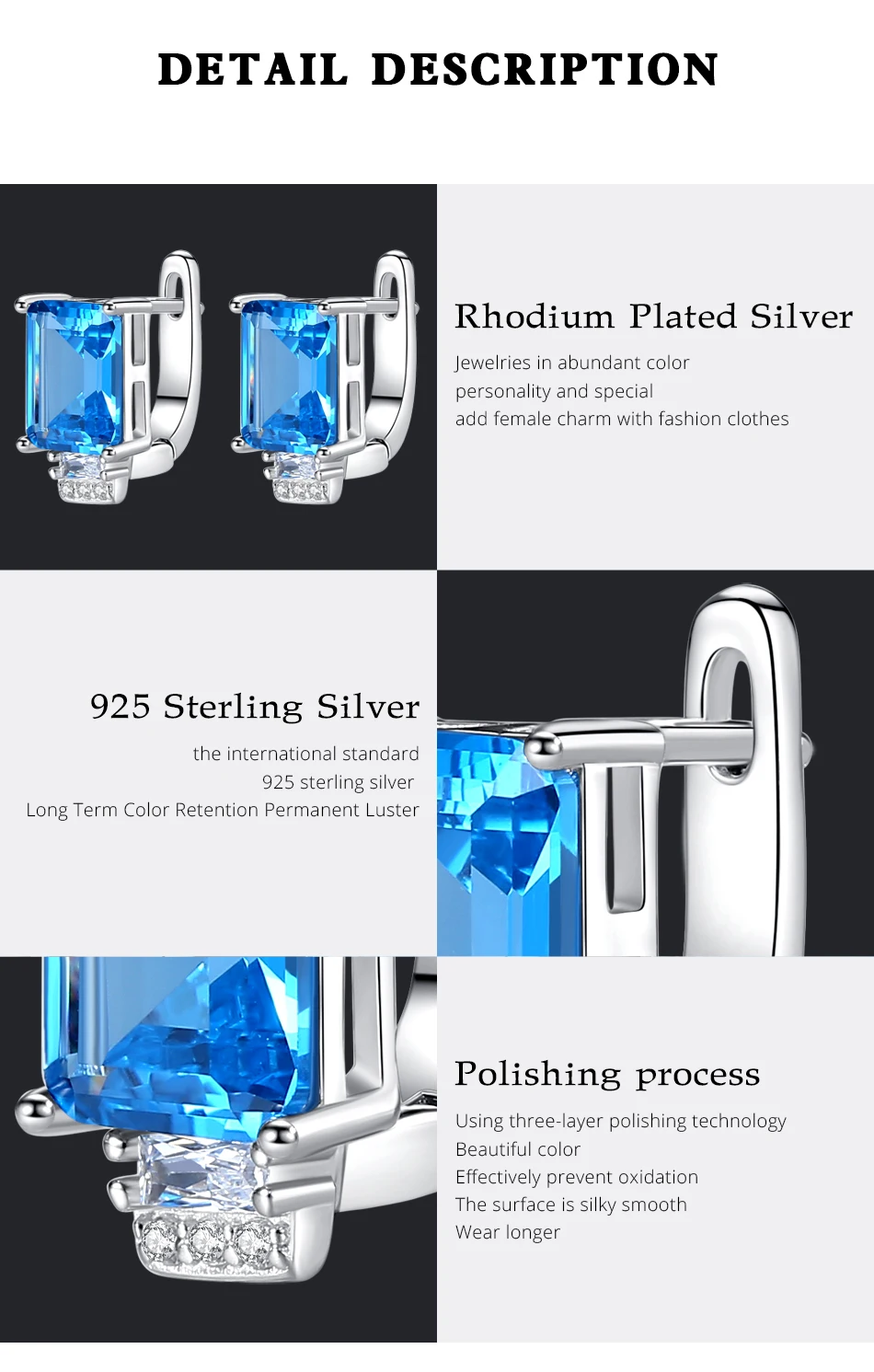 Orecchini a clip quadrati con pietra preziosa acquamarina per donne, fidanzamento, matrimonio, argento sterling pregiato, Natale_voghion.com