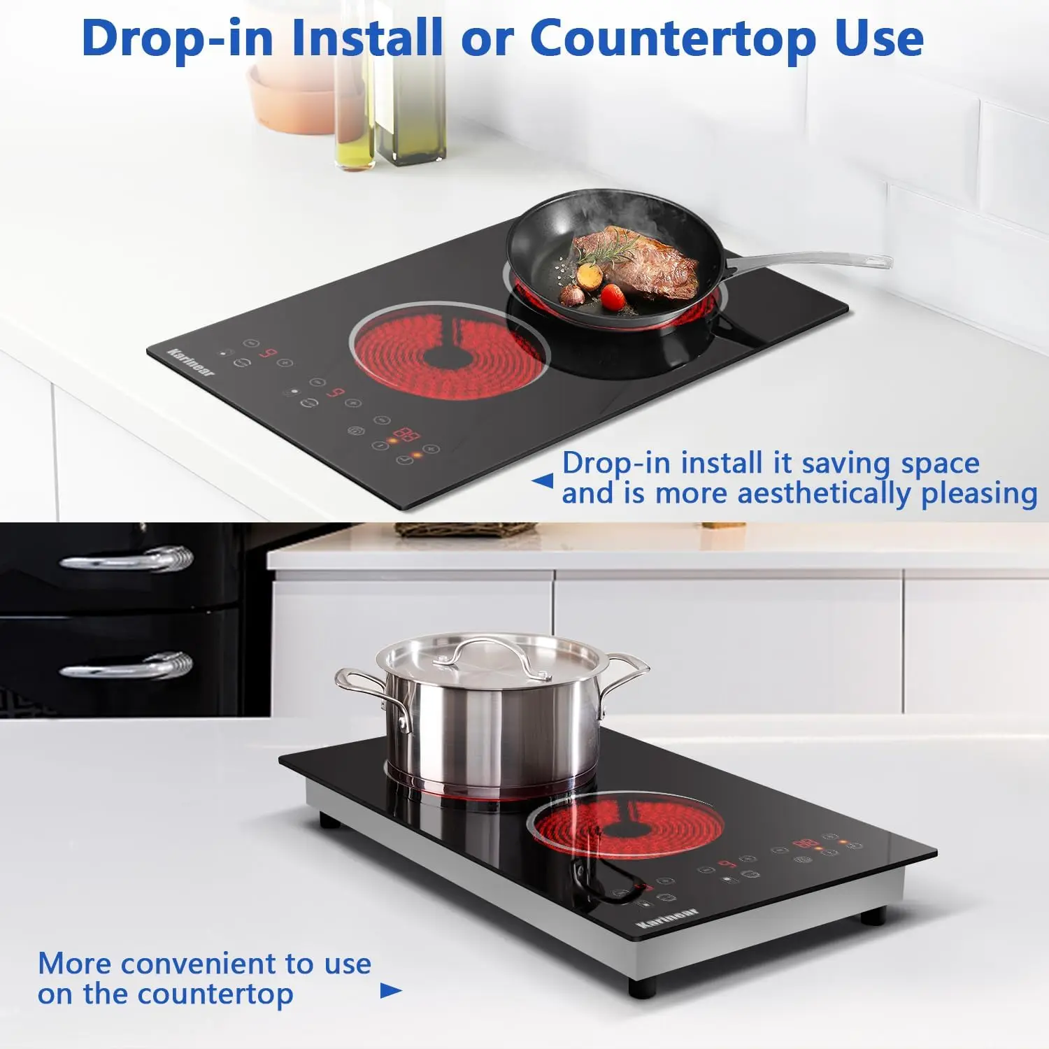 Karinear 110V Electric Cooktop 2 Burner-12 Inch Plug in, Countertop & Built-in Ceramic Cooktop, 2000W, Residual Heat Indicator