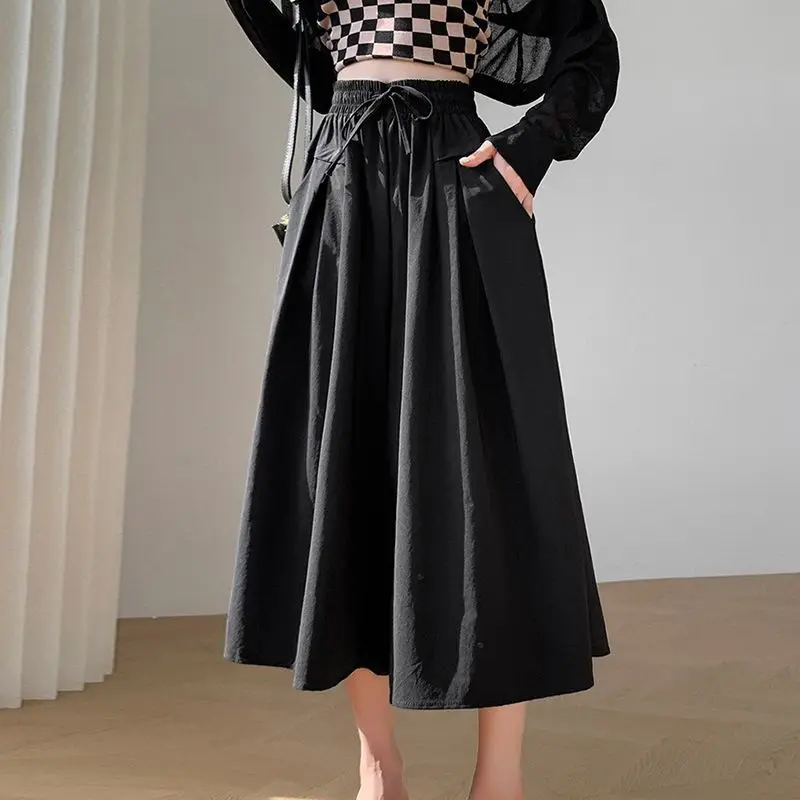 Fashion Elastic Lace Up Pockets Straight Wide Leg Pants Female Clothing 2024 Summer Loose Solid Color High Waist Casual Pants