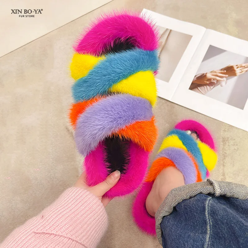

Summer Sandals 2022 Shoes For Women Mink Slippers Real Mink Slippers Sandals Flat Low Heels Luxury Designer Slippers For Women