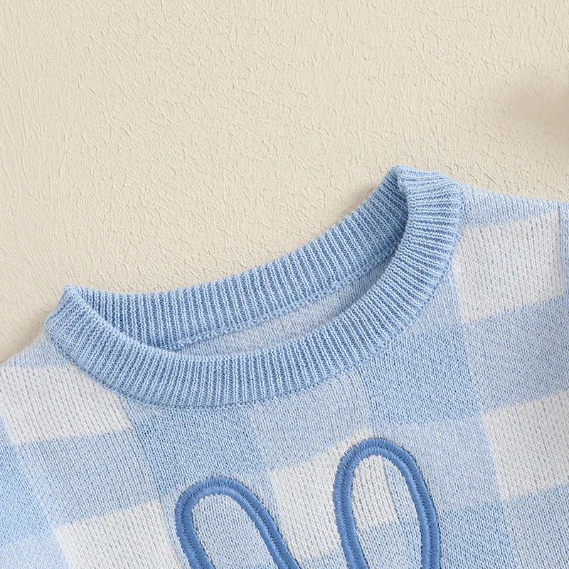 FOCUSNORM 0–3 Jahre schöner Baby-Pullover für Jungen und Mädchen, 2 Farben, Kaninchen-Stickerei, karierter Druck, langärmelig, Rundhals-Strickpullover – Detail 8