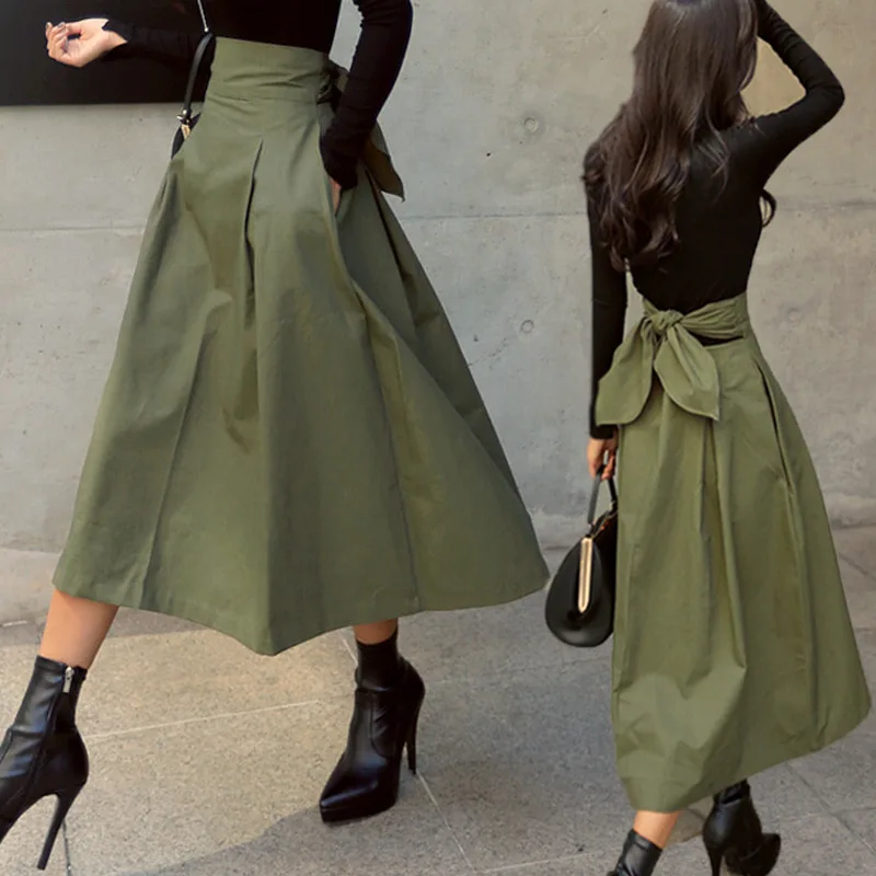 

2Bow Green A Line Skirts Women Korean Fashion Solid Color Summer Faldas Swing for Woman Long Autumn High Waist Japanese Y2k Jupe