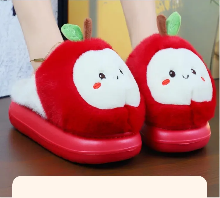Entzückende Apfel-Plüsch-Hausschuhe für Damen, rote Schuhe in Fruchtform, Plattform, Eva-Fell, Slides für Damen, klobige Indoor-Schuhe – Detail 8