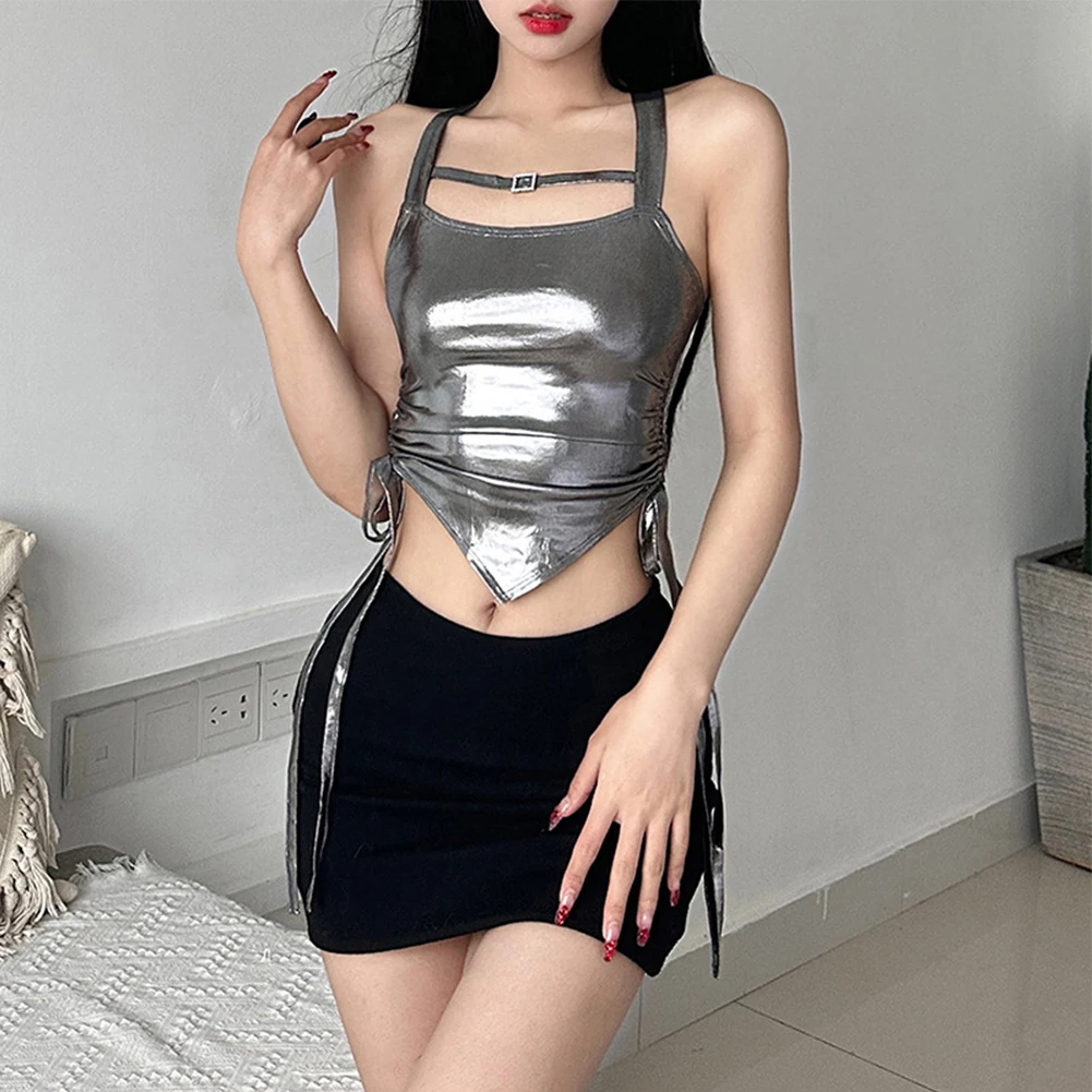 

Summer Sexy Shinny Sliver Crop Top Camisole Square Neck Solid Color Slim Side Lace Up Clothes Tank Tops Camis Vest For Women