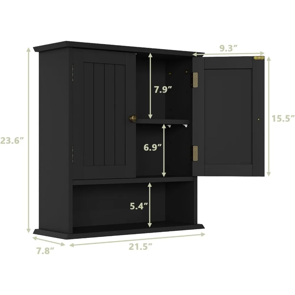 Black small bathroom cabinet wall mounted with 2 adjustable shelves, located above the toilet
