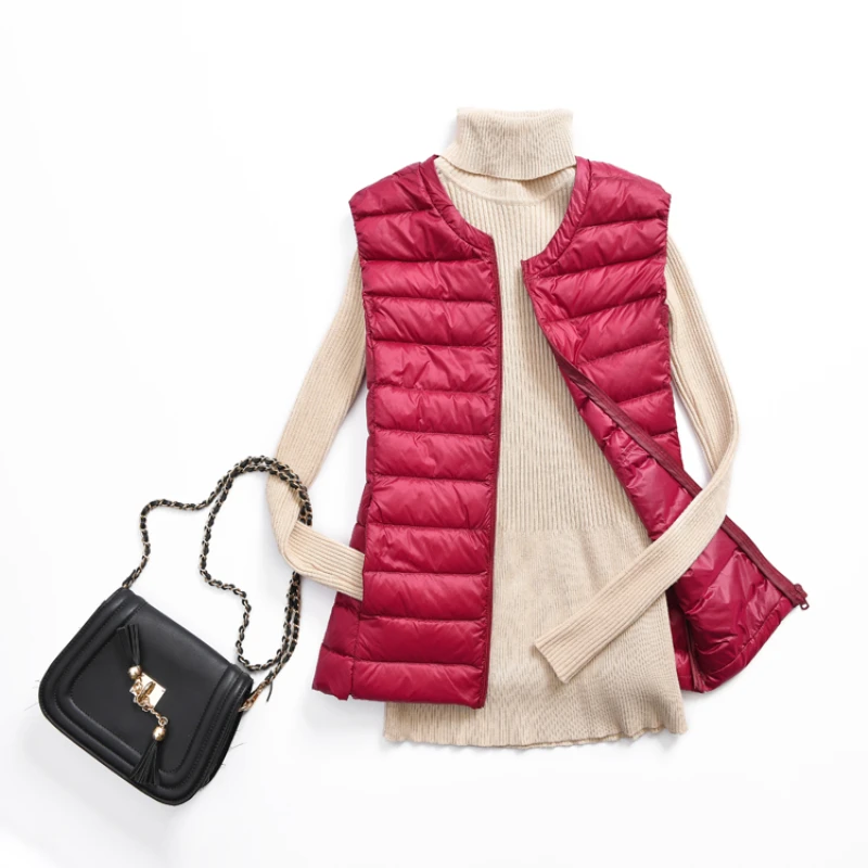 

Autumn Winter Women Ultra Light Thin Duck Down Vest Sleeveless O-Neck Zipper Stcoat Windproof Puffer FemaleJackets Autumn Winter