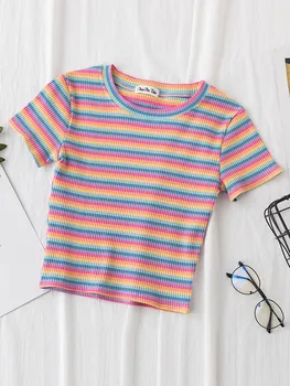 New T Shirt Women Rainbow Striped Tops Slim Fit t shirt Harajuku Tshirt Summer Short Sleeve Korean T-shirt feminina Clothes Tops 1