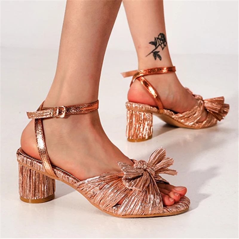 

Designer Women Sandals Bowknot 5CM Chunky High Heels Ladies Party Dress Shoes Ankle Strap Gladiator Pumps Big Size 45 46