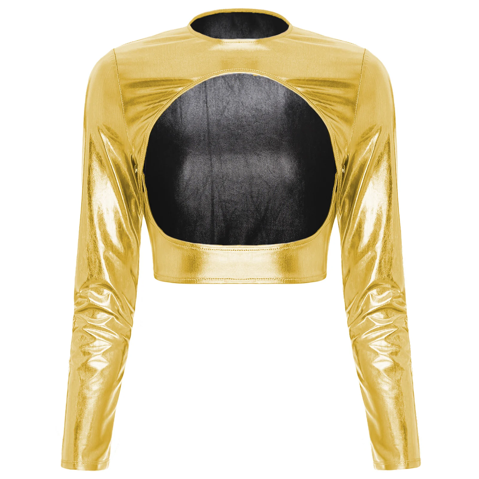 thumbnail image 1 of Camiseta de mujer de manga larga con cuello redondo y tentadora, parte delantera abierta, ajustada, para discoteca, top corto con cortes metálicos brillantes, disfraz de discoteca, 1 of 5