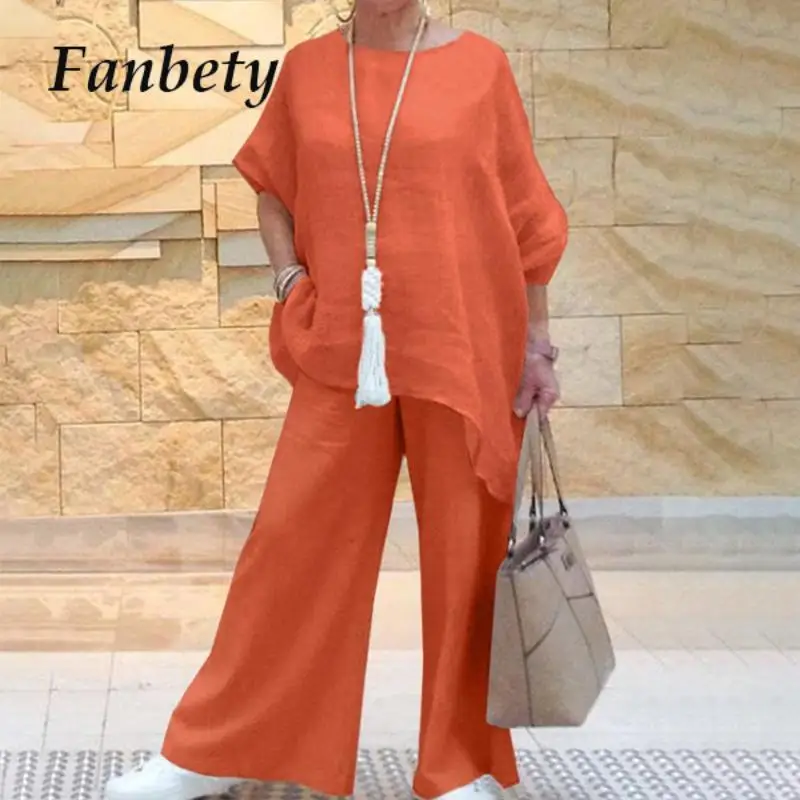 

Office Lady Fashion Commute Loose Cotton Linen Outfits Elegant O-Neck Short Sleeve Top + Long Pants Women Solid Two Piece Sets