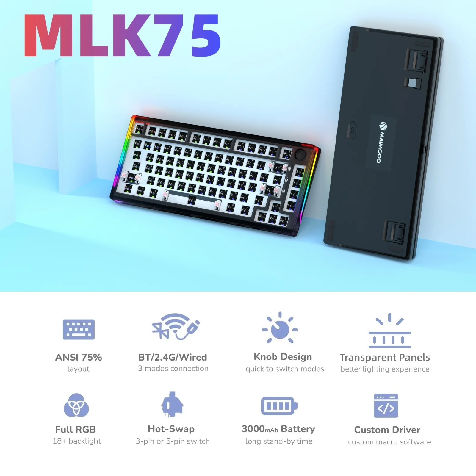 Maimooo-kit Teclado Transparente Hot Swappable Bluetooth 2.4g com Fio Diante do Sul Luz Lateral Rgb Faça Você Mesmo 8key Mlk75 75 - Imagem 6