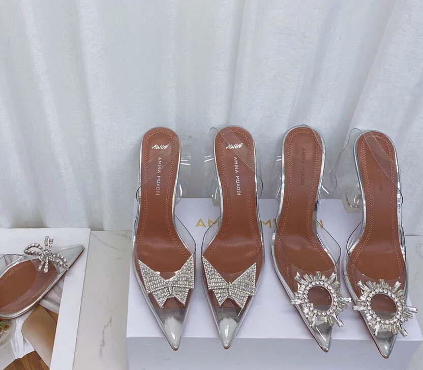 

sunflower fluted heels diamond bow AMINA MUADDI Begum crystal-embellished clear PVC slingback pumps pointed toe glass sandals