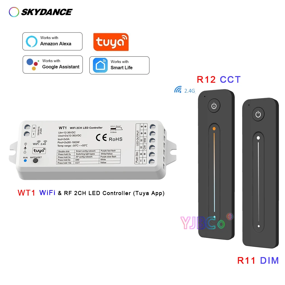 

WT1 Wi-Fi приемник с функцией приглушения света, 2 канала, 12 В, 24 В, приложение Tuya CCT, Светодиодная лента, регулятор яркости, беспроводной 2,4G RF, Одноцветный контроллер WW, CW