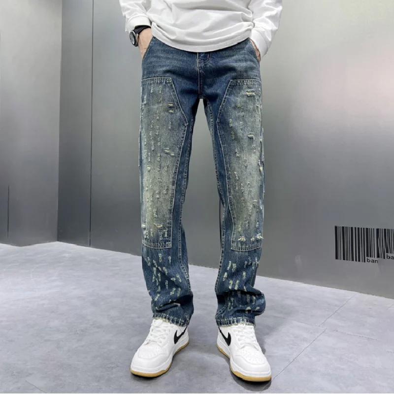 

Broken Hole Design Jeans Men's Wide-Leg High Street Fashion Hip Hop Trendy Patchwork Loose Straight Fashion Mop Pants Men