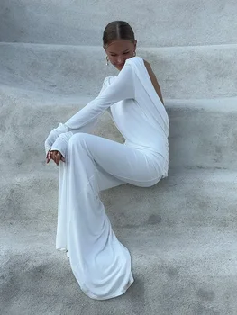 Chic Backless White Long Sleeved Slim Fit Dress for Women Pleated Elegant Round Neck Long Dresses 2024 New Female Evening Gowns 1