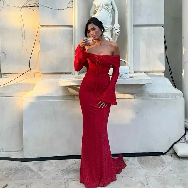 Oligai Autumn Off-Shoulder Maxi Dress Elegant Lace Flare Sleeves Red Evening Party Dress Women's New Arrival 2025 Cocktail Dress
