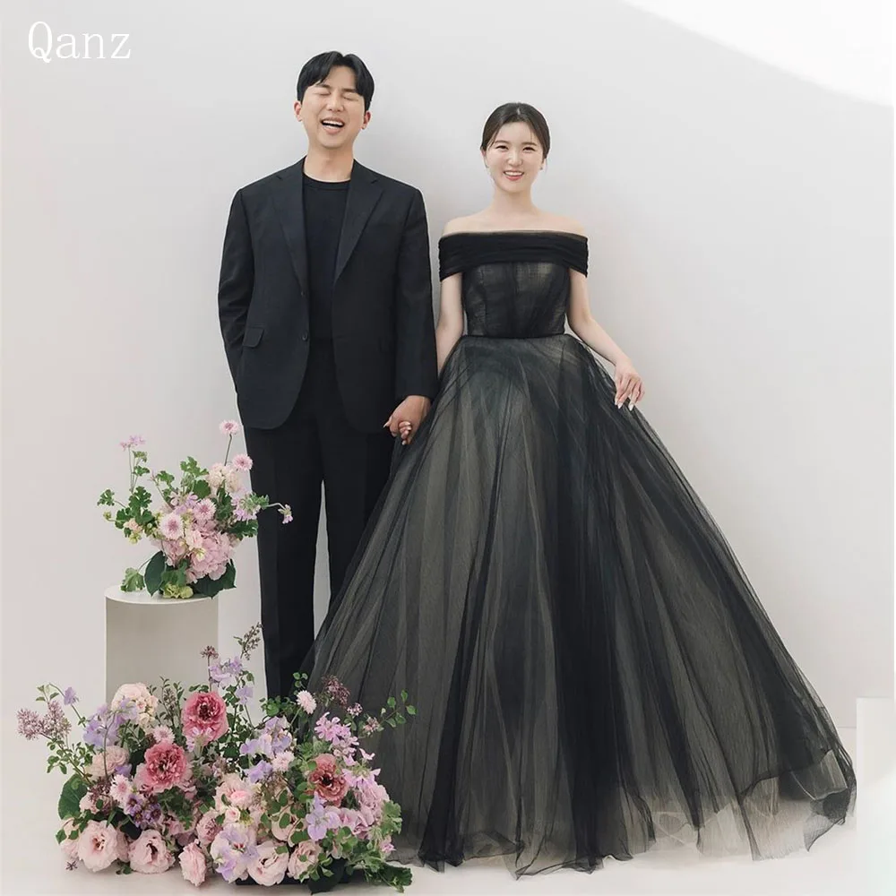 

Qanz Black Tulle Korea Wedding Dresses For Women Elegant Off The Shoulder Long A Line Vestido De Novia Boda Civil Party Dresses