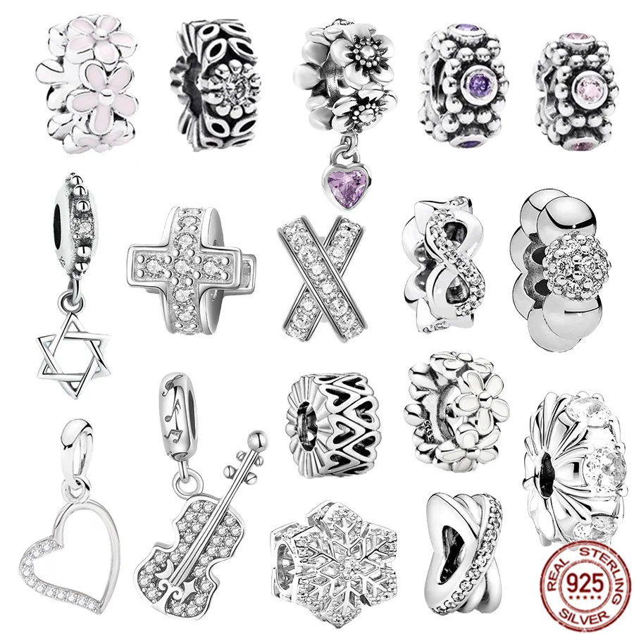 

Authentic 925 Sterling Silver Daisy Flower，Violin & Sparkling Clip Charm Bead Fit Original Pandora Bracelet Bangle Jewelry Gift