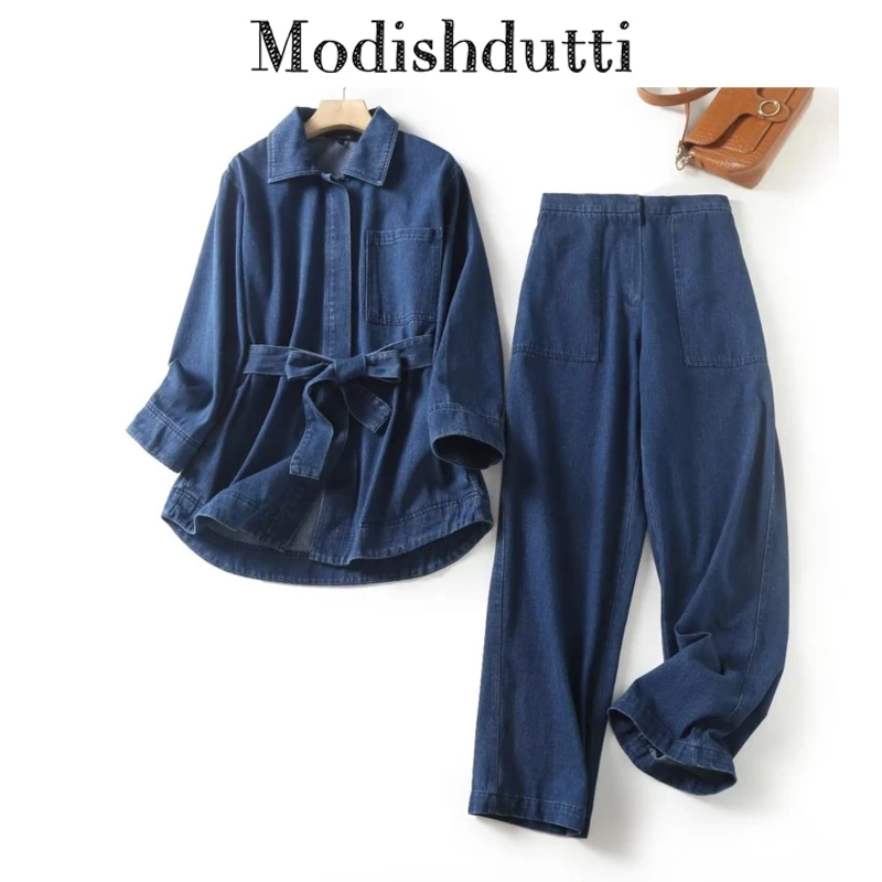

Modishdutti High Quality 2024 Women Fashion Loose Belt Denim Shirt Jacket Coat + Casual Elastic Waist Jeans Pants Sets Female