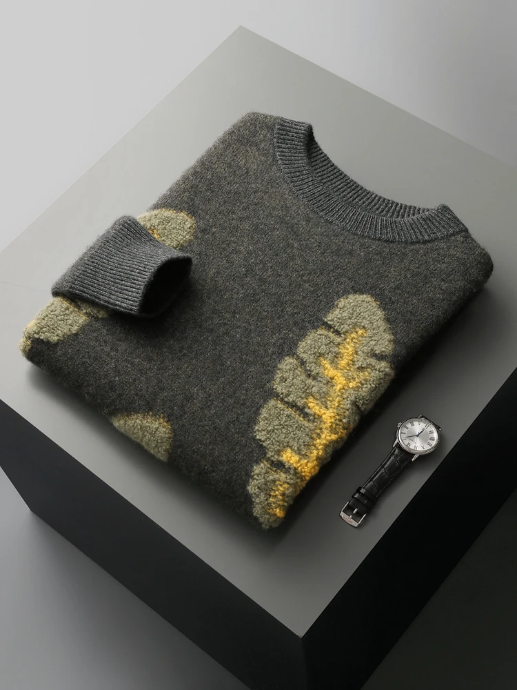 Jacquard Autumn Winter New Cashmere Sweater Men's Round Neck Pullover 100% Merino Wool Knitted Casual Fashion Retro Thicken Top 4