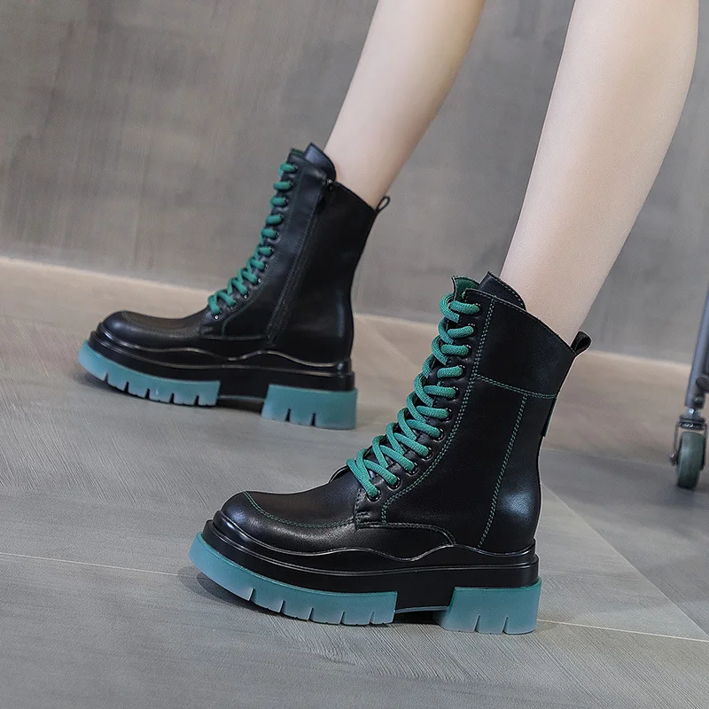 

7.5cm Genuine Leather Platform Wedge Mid Calf Ankle Motorcycle Booties Non Slip Hidden Heel Women Zipper Autumn Winter Shoes