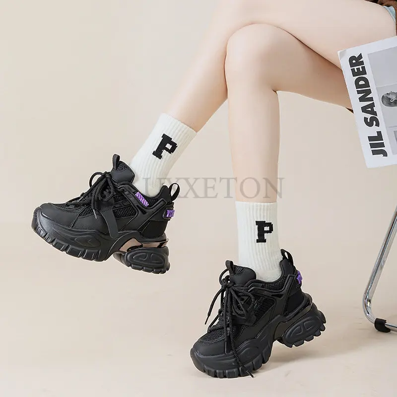 

10cm Air Mesh Genuine Leather Platform Wedge Sneakers Hidden Heels Chunky Sneakers Female Summer Women's Vulcanize Shoes