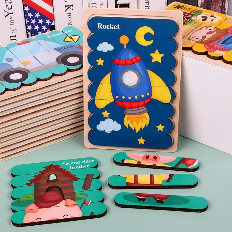 Kid Brain Wooden Toy Double-sided 3D Strip Animal Puzzle Telling Stories Stacking Jigsaw Montessori Educational Toy for Children