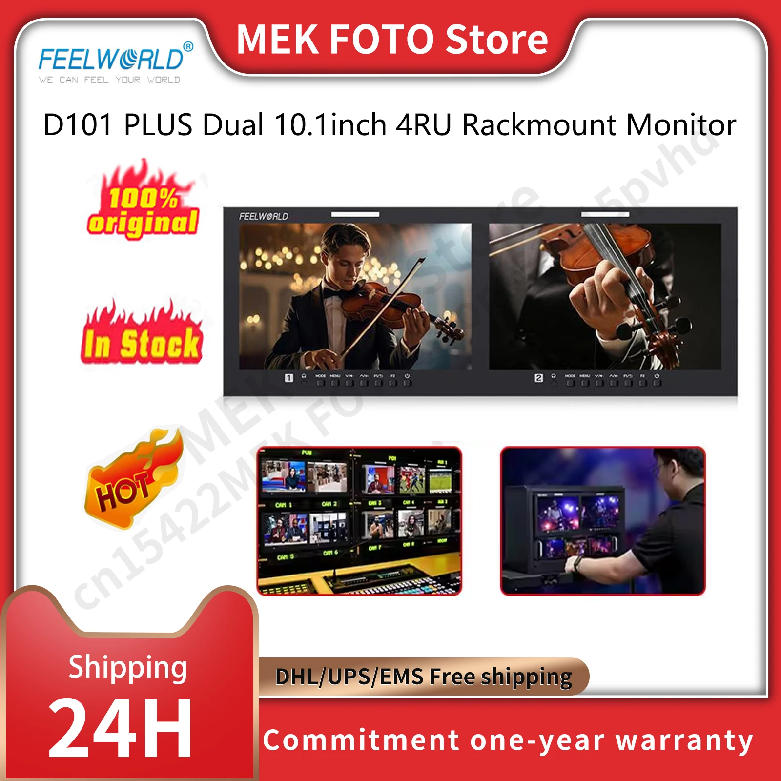 FEELWORLD D101 PLUS Dual 10.1inch 4RU Rackmount Monitor 4K Full HD Screen HDMI-Compatible SDI 1920x1200IPS Monitor for Record