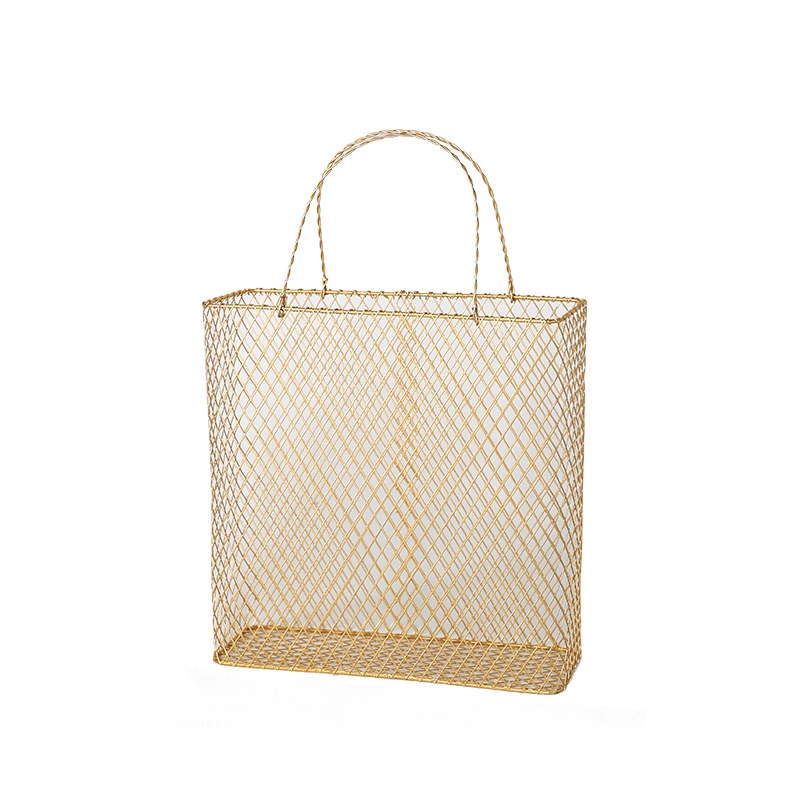 

Hollow Decoration Portable Handbag Nordic Iron Tabletop Gold Plated Magazine Storage Basket