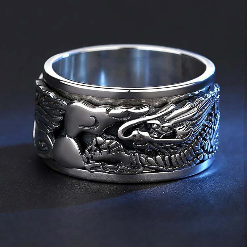 Silver Ring Silver Rings Rotating Ring Original design Thai silver carved dragon men's ring retro domineering rotatable business style light luxury jewelry