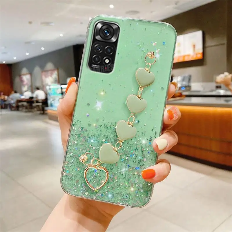 thumbnail image 1 of Note11s Love Heart Wrist Chain Glitter Case On For Xiaomi Redmi Note 11 Pro 4g 5g 11pro Plus 10 10s 9 9s Bracelet Silicone Cover, 1 of 5