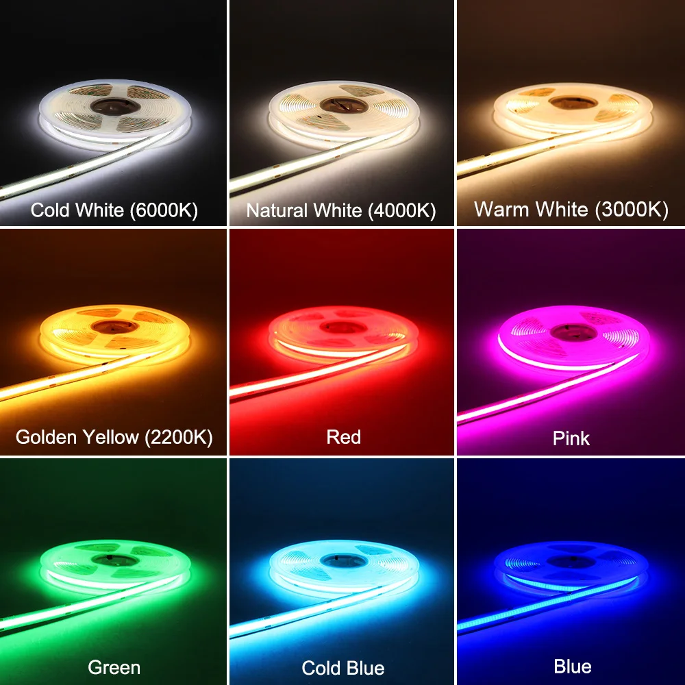 12V 24V FOB COB LED Strip 5mm 8mm nastro flessibile LED Bar Light CRI 90 rosso verde ghiaccio blu rosa giallo colore bianco per la decorazione della casa