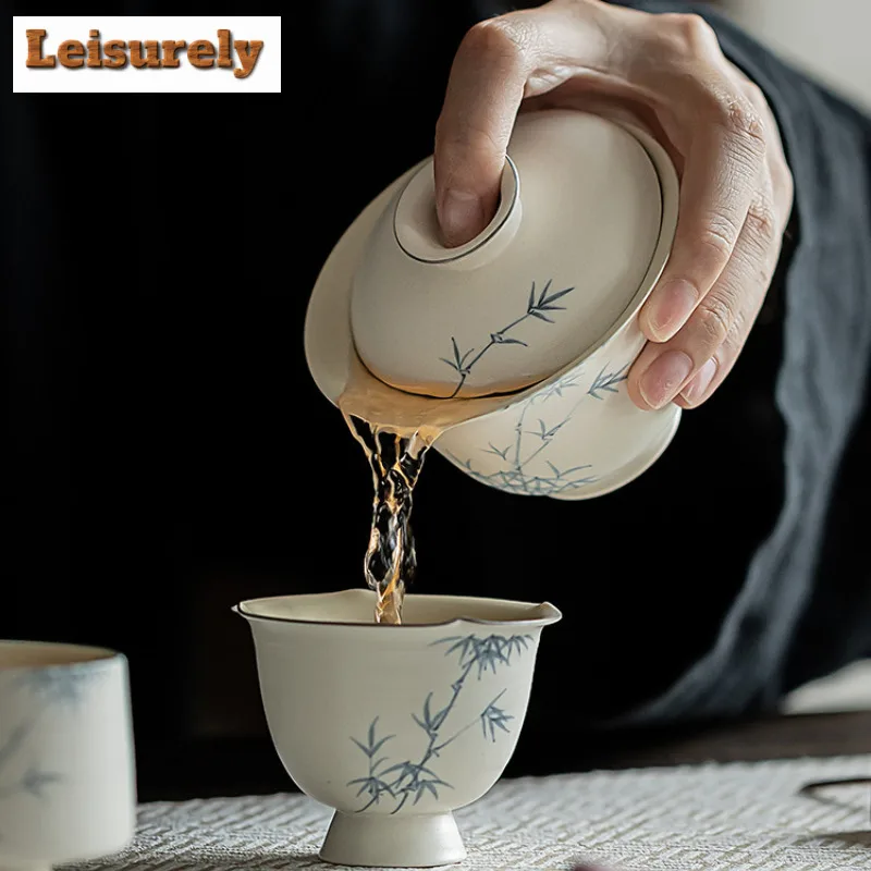 Japanese Powder Yin Hand-painted Bamboo Tea Set Kit 1 Pot 2 Cups Tea Making Outdoor Portable Travel Tote Cloth Bag Accessories