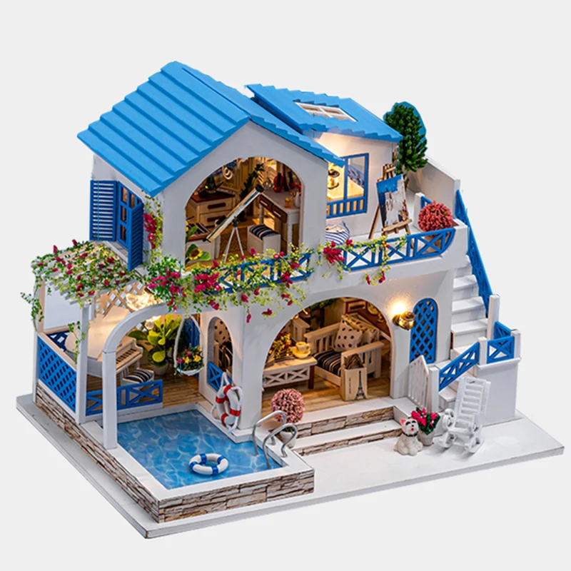 DIY Wooden Doll Houses Blue and White Town Casa Miniature Building Kits with Furniture Led Dollhouse for Adults Birthday Gifts 5