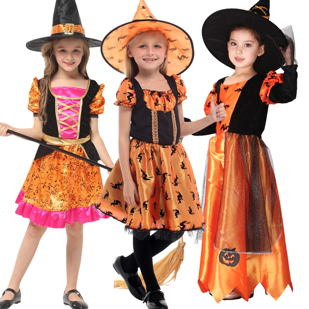 

Kids Magic Witch Cosplay Costume With Hat Holiday Carnival Party Show Girls Dress Halloween Sorceress Clothes With Brooms