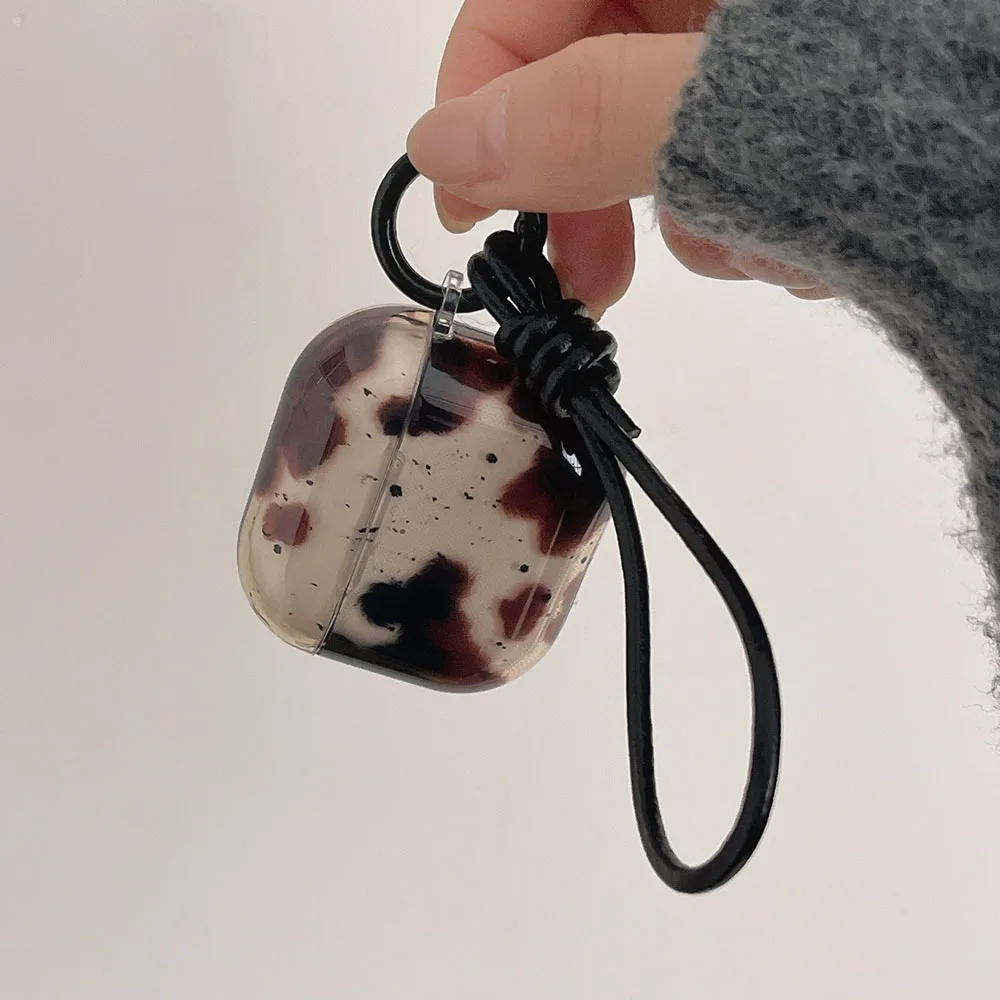 Elegant Black Agate Pattern Earphone Protective Cover with Keyring and Leather Rope