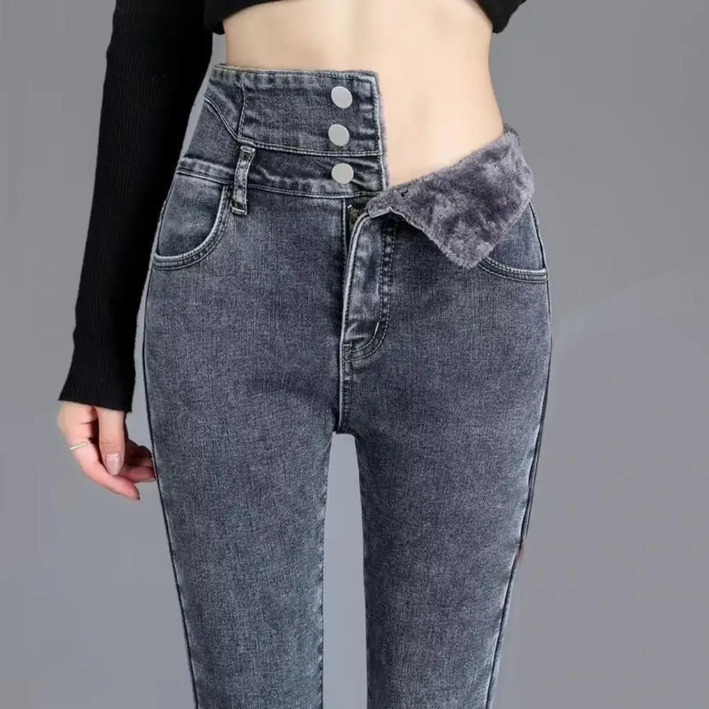 

Women Tight-fitting Pencil Pants Women Cotton Denim Jeans Cozy Winter Jeans for Women High Waist Faux Fur Lining Slim Fit Button