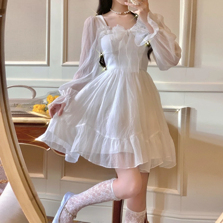 

NIGGEY French Sweet First Love Fairy Skirt Spring and Summer Age Reduction Bow Waist Thin Princess Style Medium Length Dress