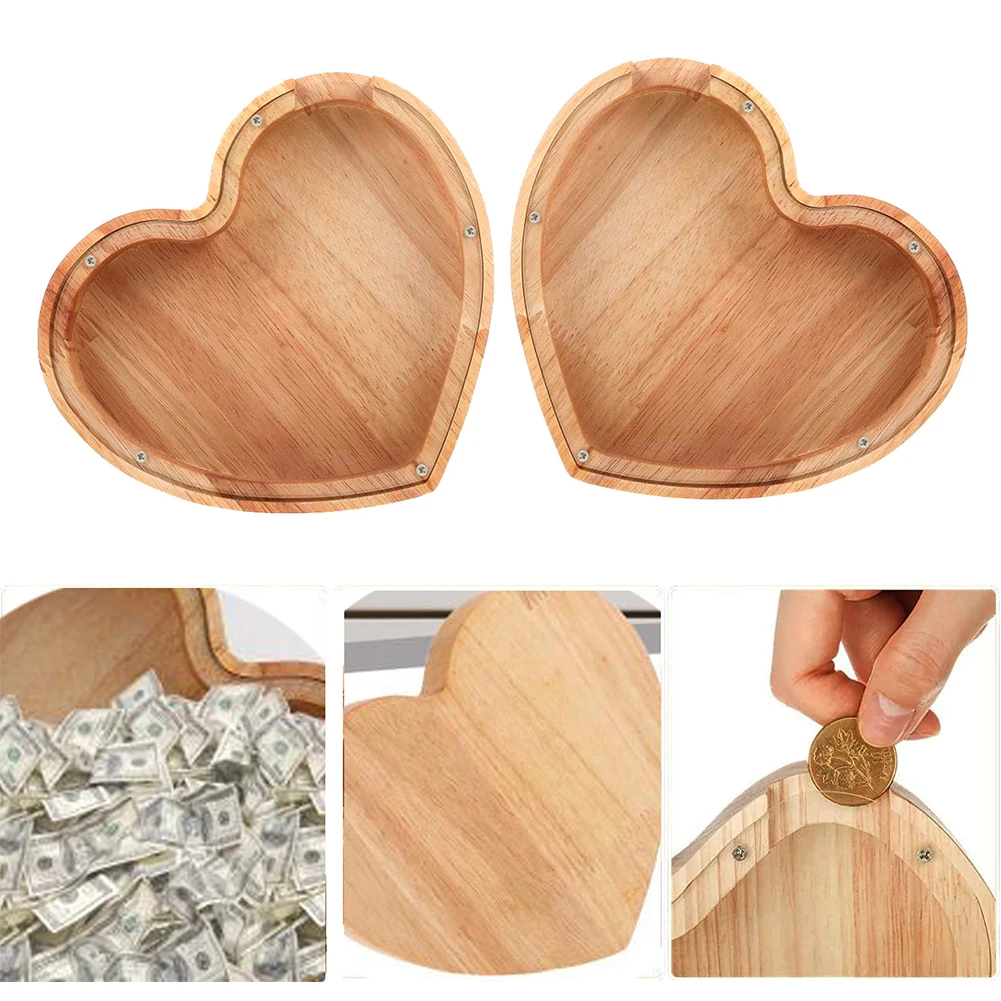 Wooden Piggy Bank Heart Shaped Coin Bank Transparent Love Piggy Bank Desktop Money Pot for Boys Girls Birthday Gift 4
