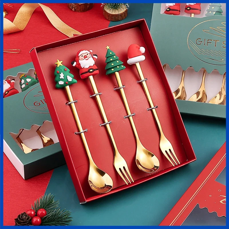 4Pcs 크리스마스 커피 스푼 상자 포함 크리스마스 트리 스테인레스 스틸 스푼 저녁 식사 식기류 디저트 차 수프 젓는 스푼