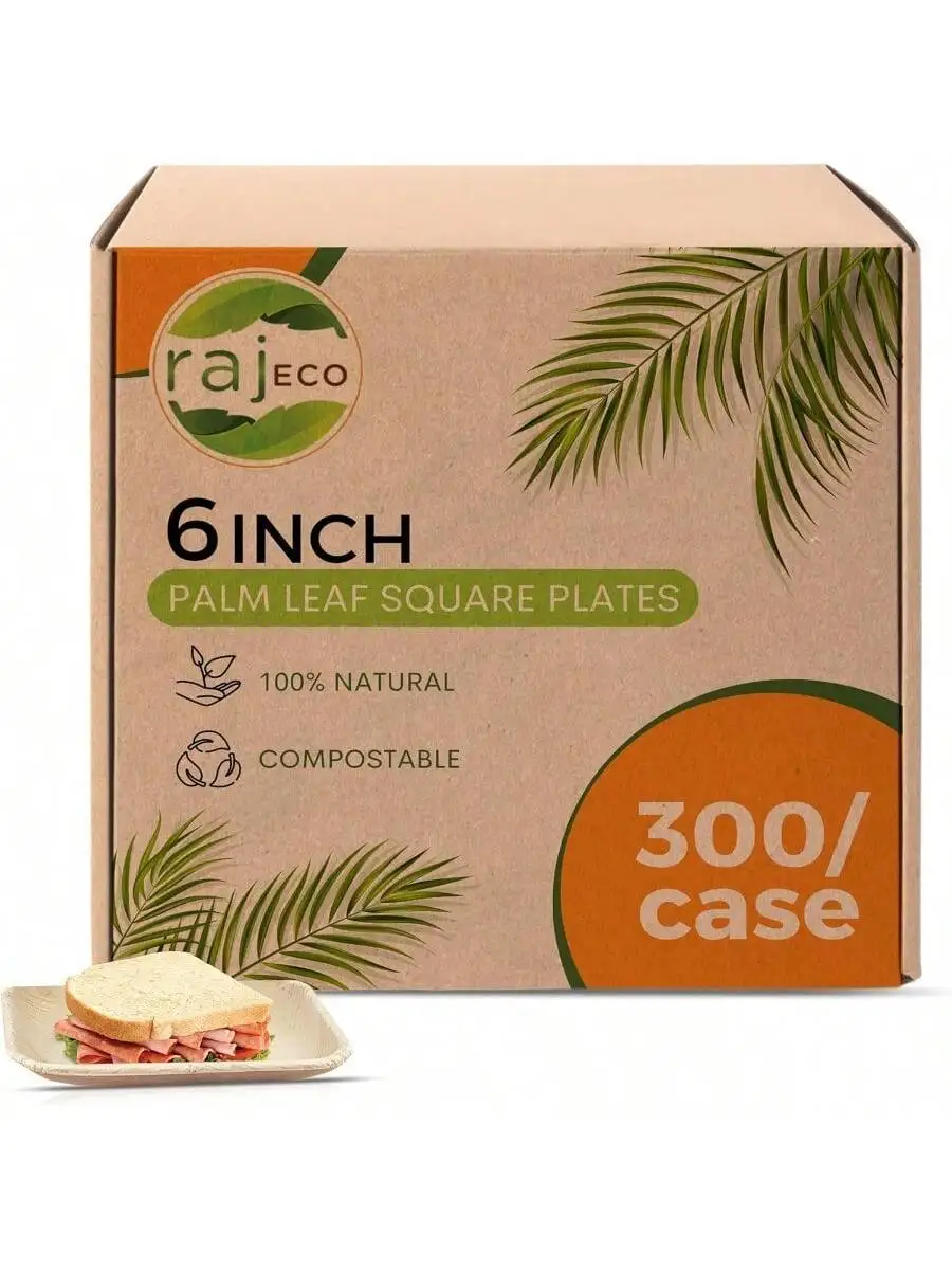 Raj Palm Leaf Plates [50-Pack] 6" Square Plates 6 CASES-300 PACK like Bamboo plates Disposable Strong Decorative Compo