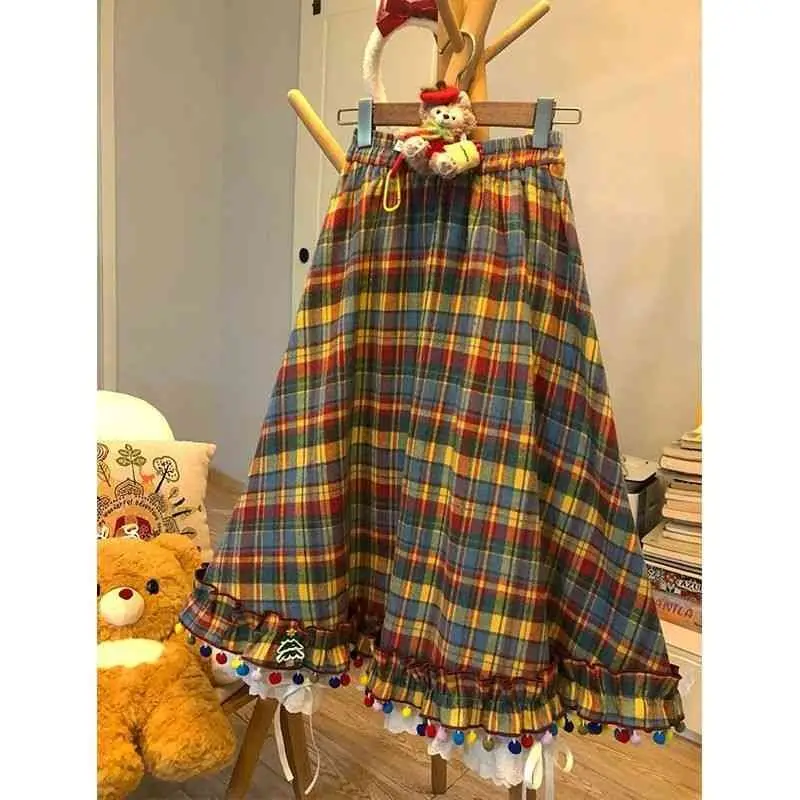 Rainbow candy bean plaid retro salt series colorful plaid pleated skirt autumn and winter half lace cute skirt
