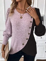 Autumn Long Sleeve Buttons Pit Striped Women Sweaters Contrast Color Long Sleeve O-Neck Pullovers Loose Simple Knitted Clothing - Image 3