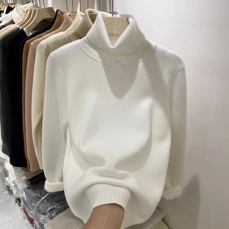 Solid Color Turtleneck Sweater Autumn and Winter New Integrated Fleece Warm Women's Bottoming Shirt Casual Slim Knitwear Top