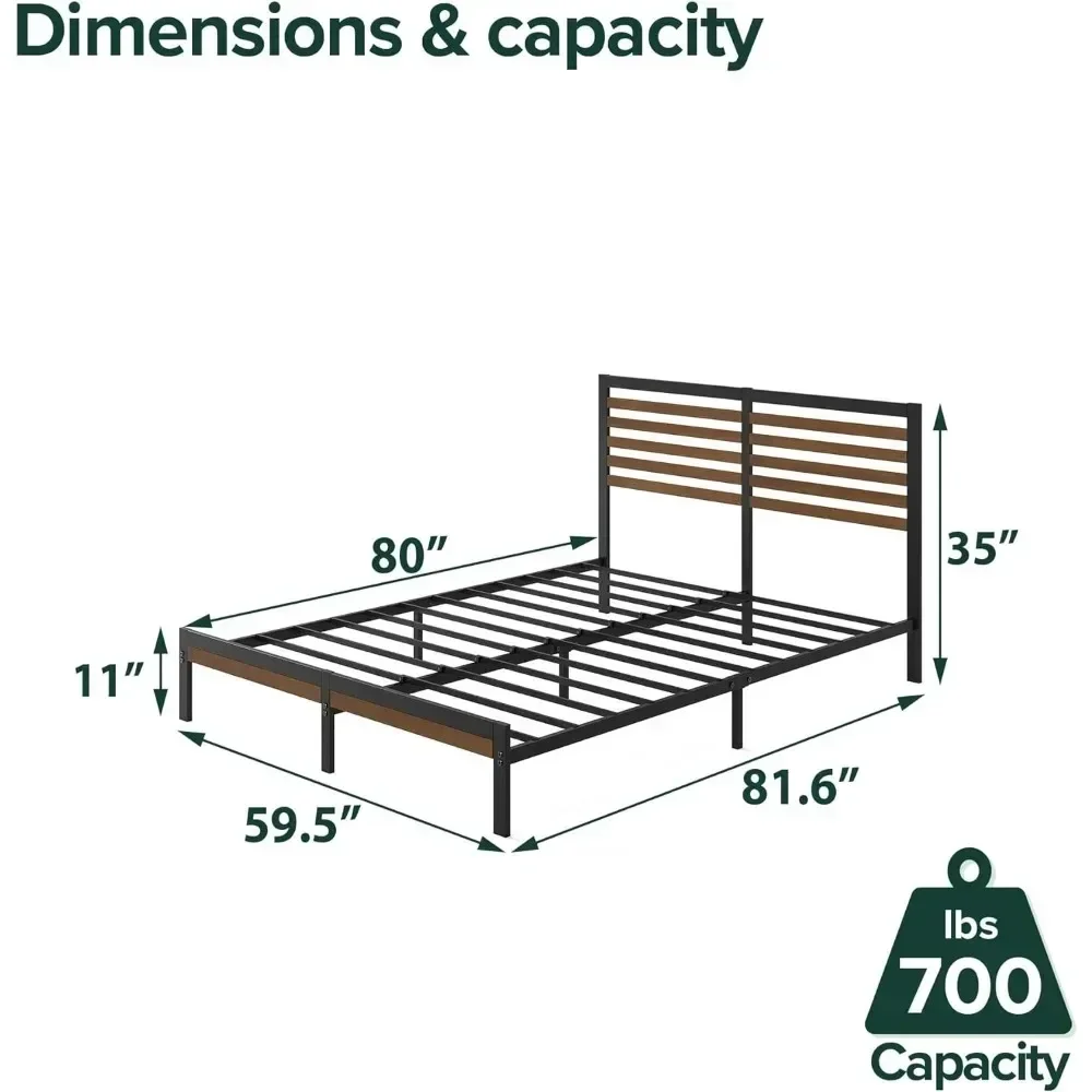 Bedroom furniture bamboo metal platform bed frame with headboard / no spring required / easy to assemble, large, brown