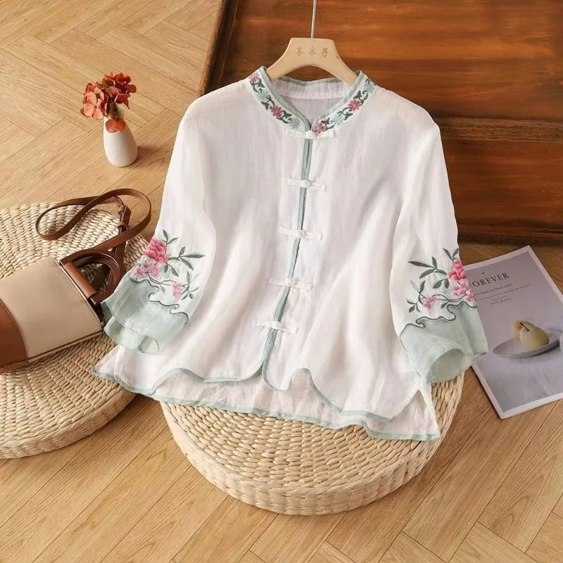 Embroidery Chinese Style Blouses Summer Vintage Women's Shirt Loose Cotton Linen Women Tops Short Sleeves Clothing 2024 Korean